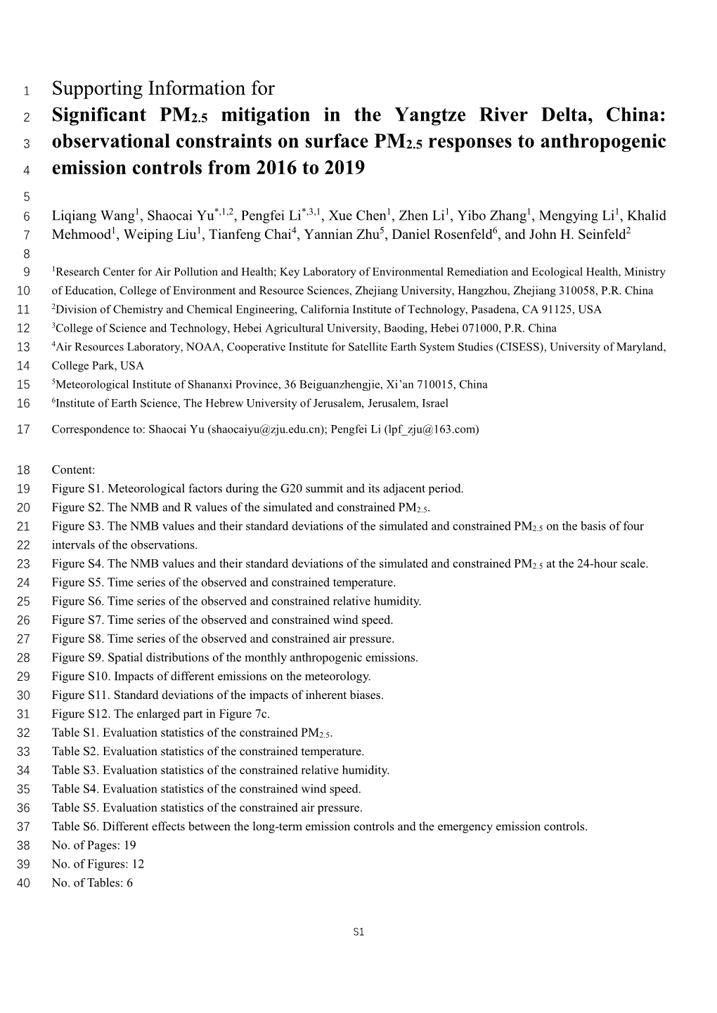 Supporting Information for Significant PM2.5 Mitigation in the Yangtze