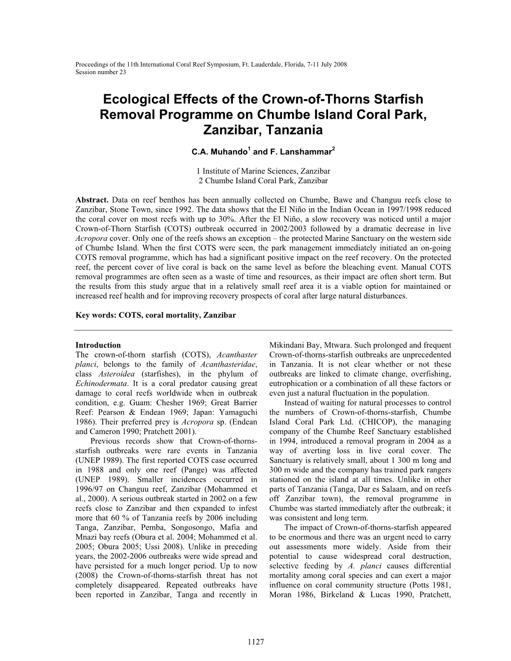 Ecological Effects of the Crown-Of-Thorns Starfish Removal Programme on Chumbe Island Coral Park, Zanzibar, Tanzania