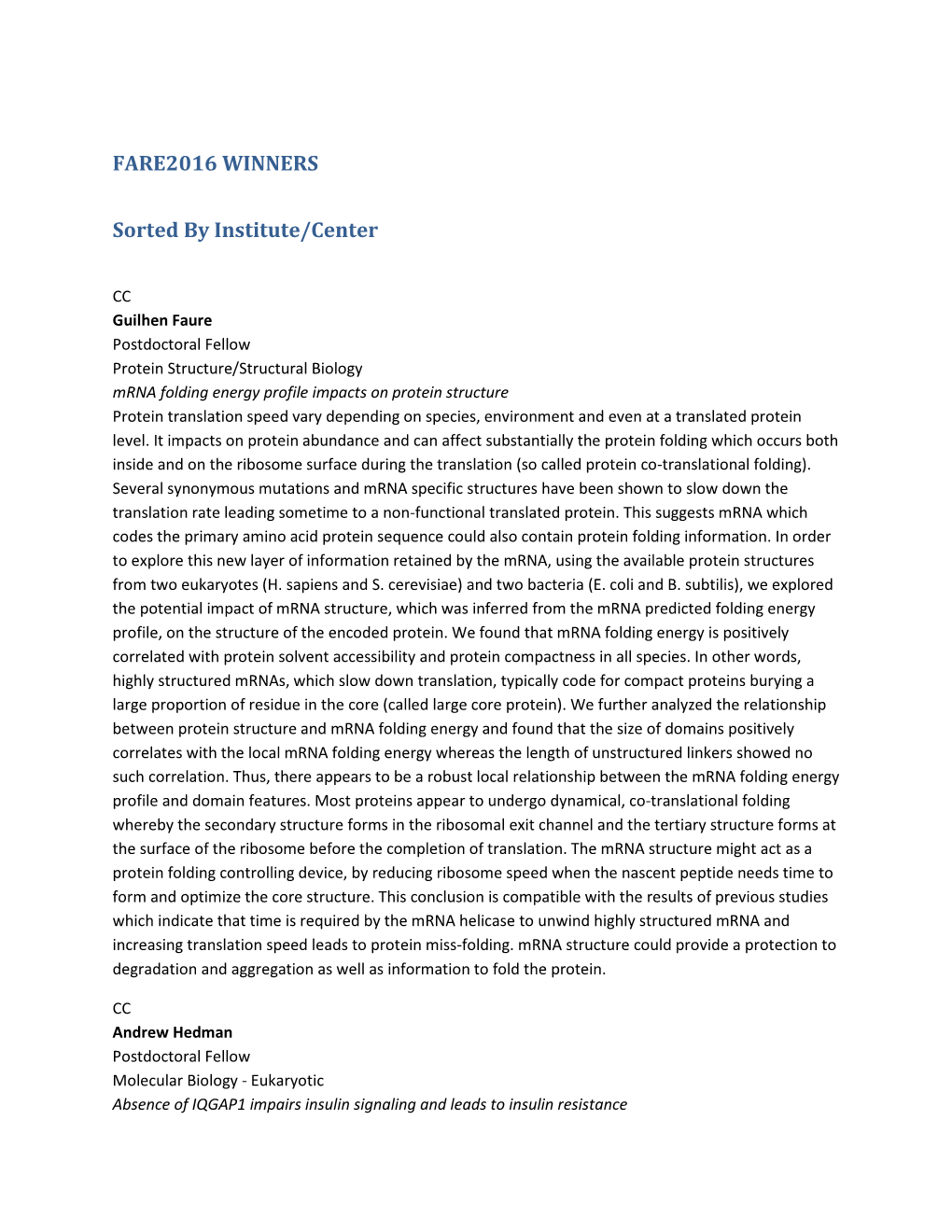 FARE2016 WINNERS Sorted by Institute/Center