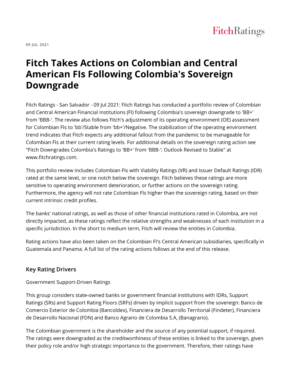 Fitch Takes Actions on Colombian and Central American Fis Following Colombia's Sovereign Downgrade