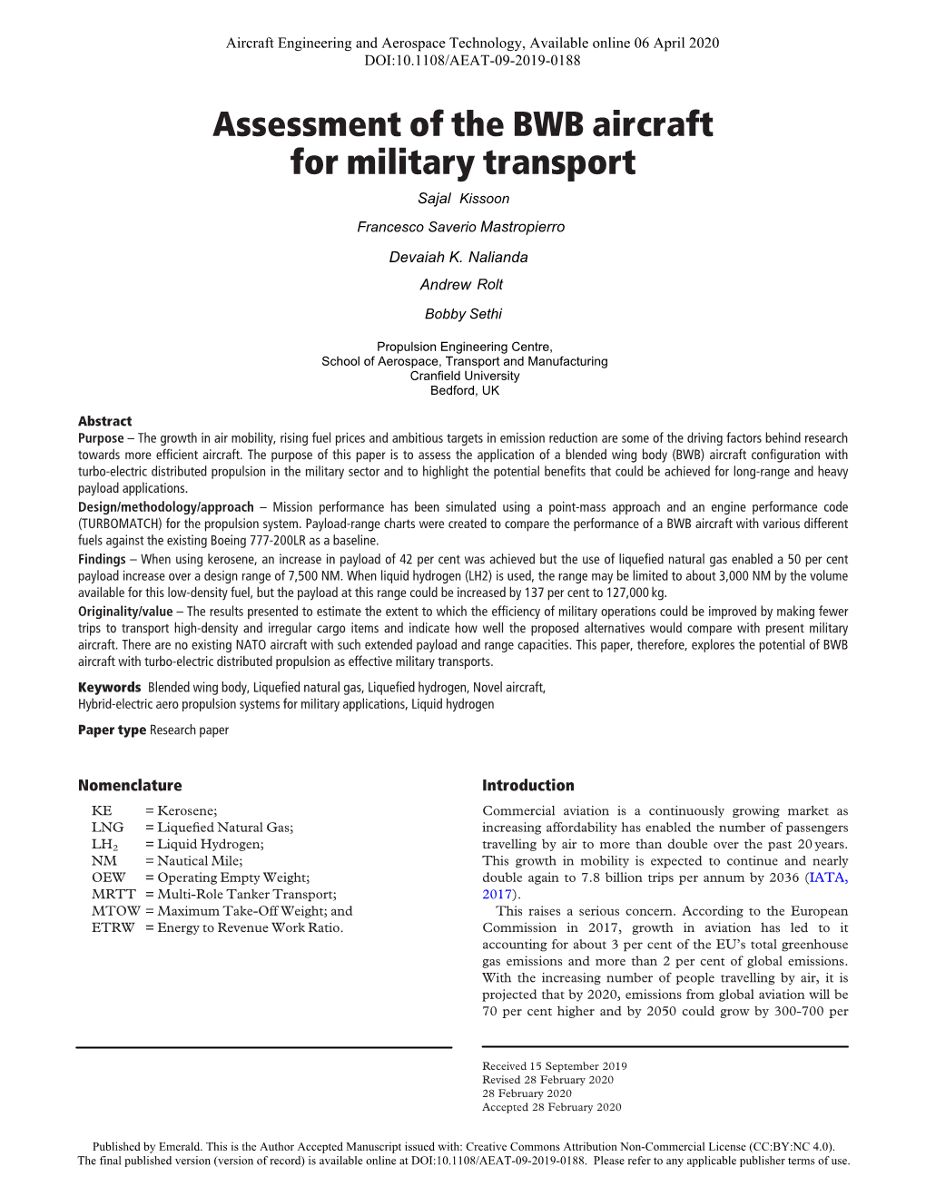 Assessment of the BWB Aircraft for Military Transport