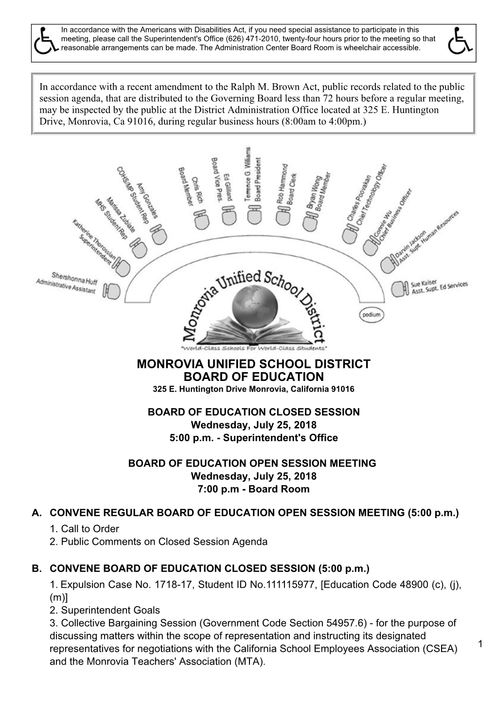Monrovia Unified School District Board of Education 325 E