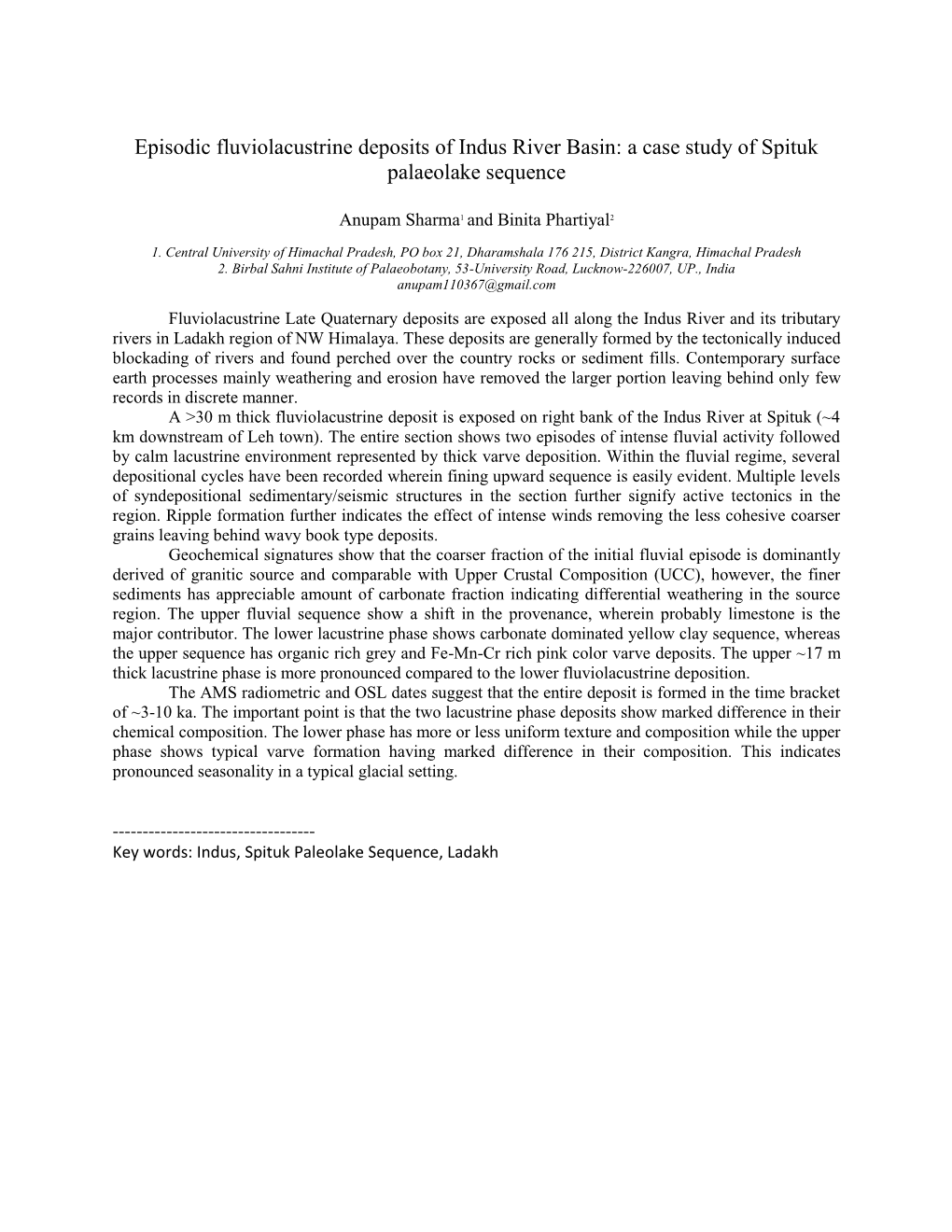 Episodic Fluviolacustrine Deposits of Indus River Basin: a Case Study of Spituk Palaeolake Sequence