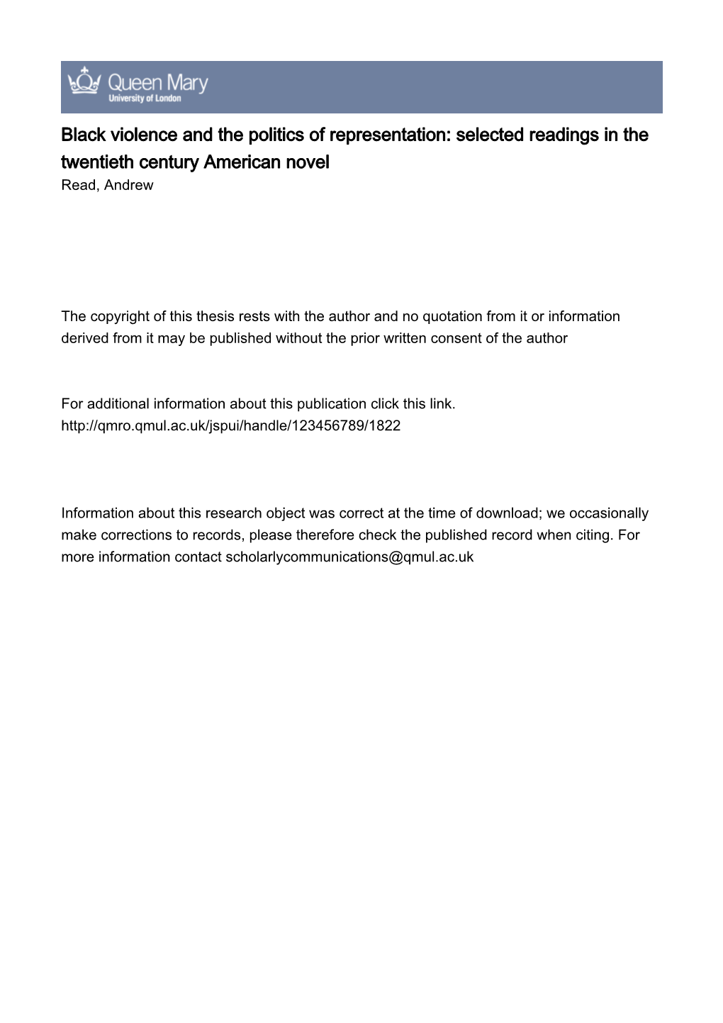 Black Violence and the Politics of Representation: Selected Readings in the Twentieth Century American Novel Read, Andrew