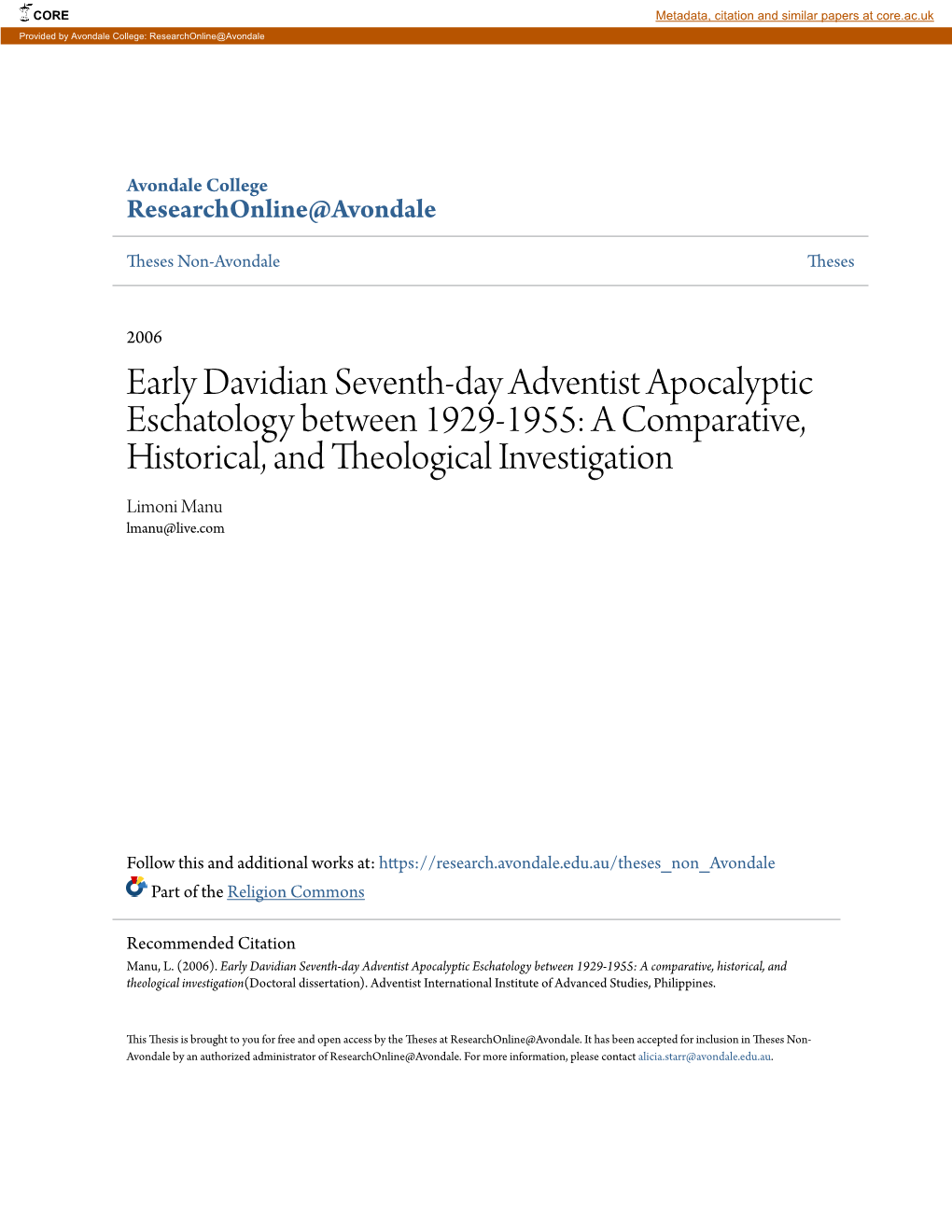 Early Davidian Seventh-Day Adventist Apocalyptic Eschatology Between 1929-1955: a Comparative, Historical, and Theological Investigation Limoni Manu Lmanu@Live.Com