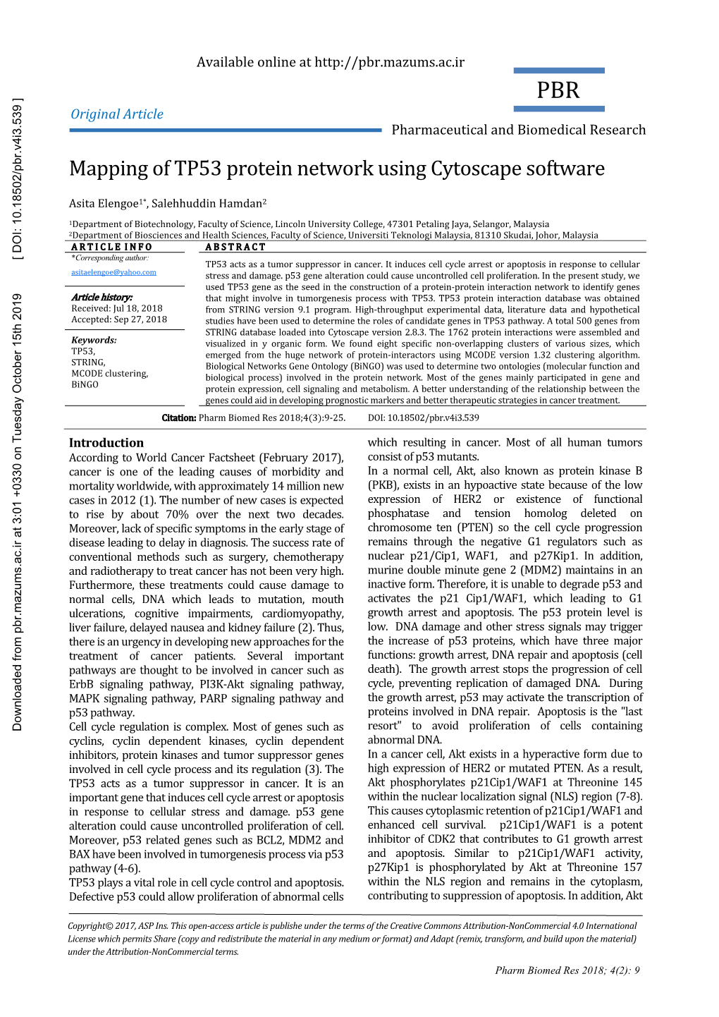 Mapping of TP53 Protein Network Using Cytoscape Software