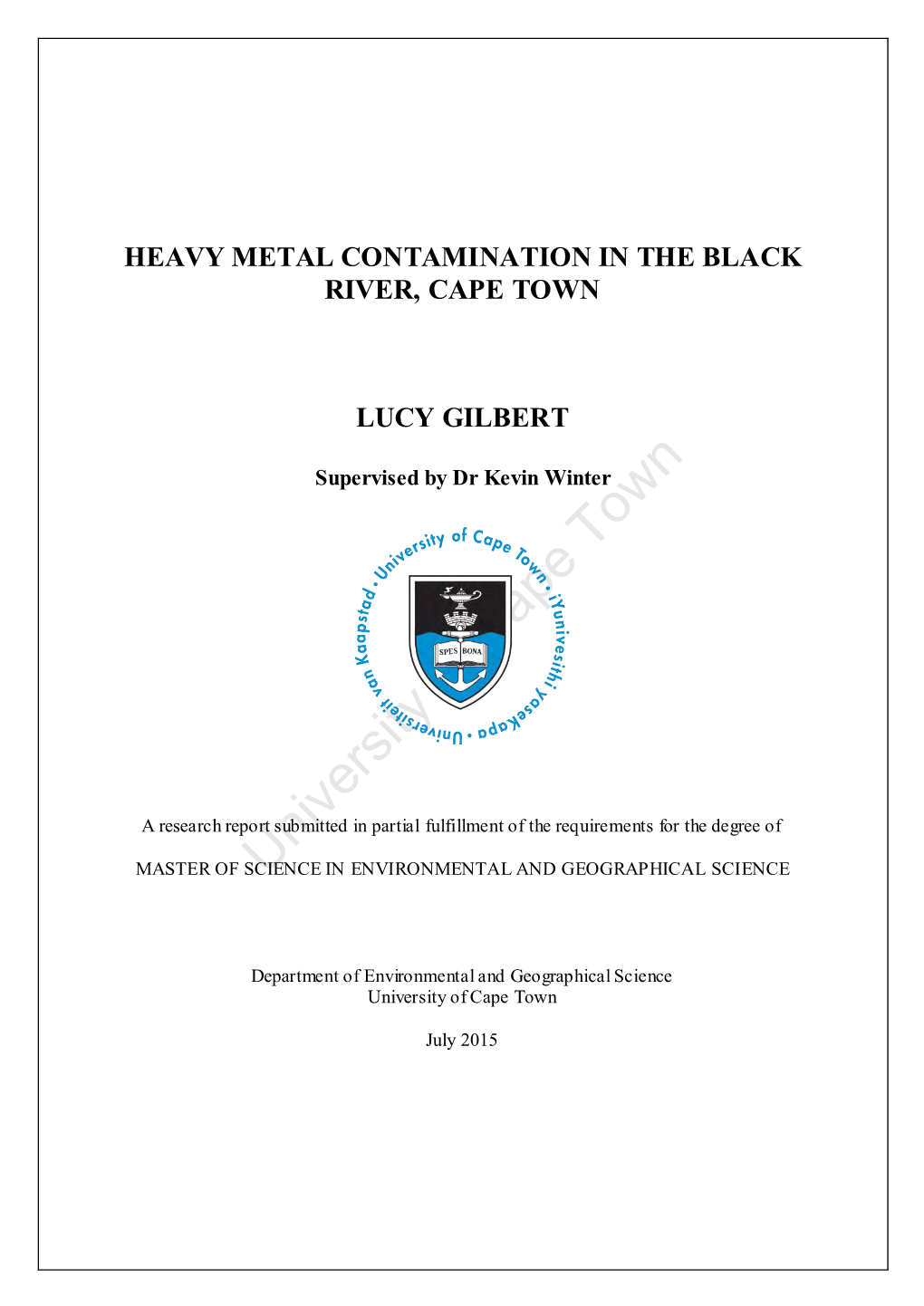 Heavy Metal Contamination in the Black River, Cape Town