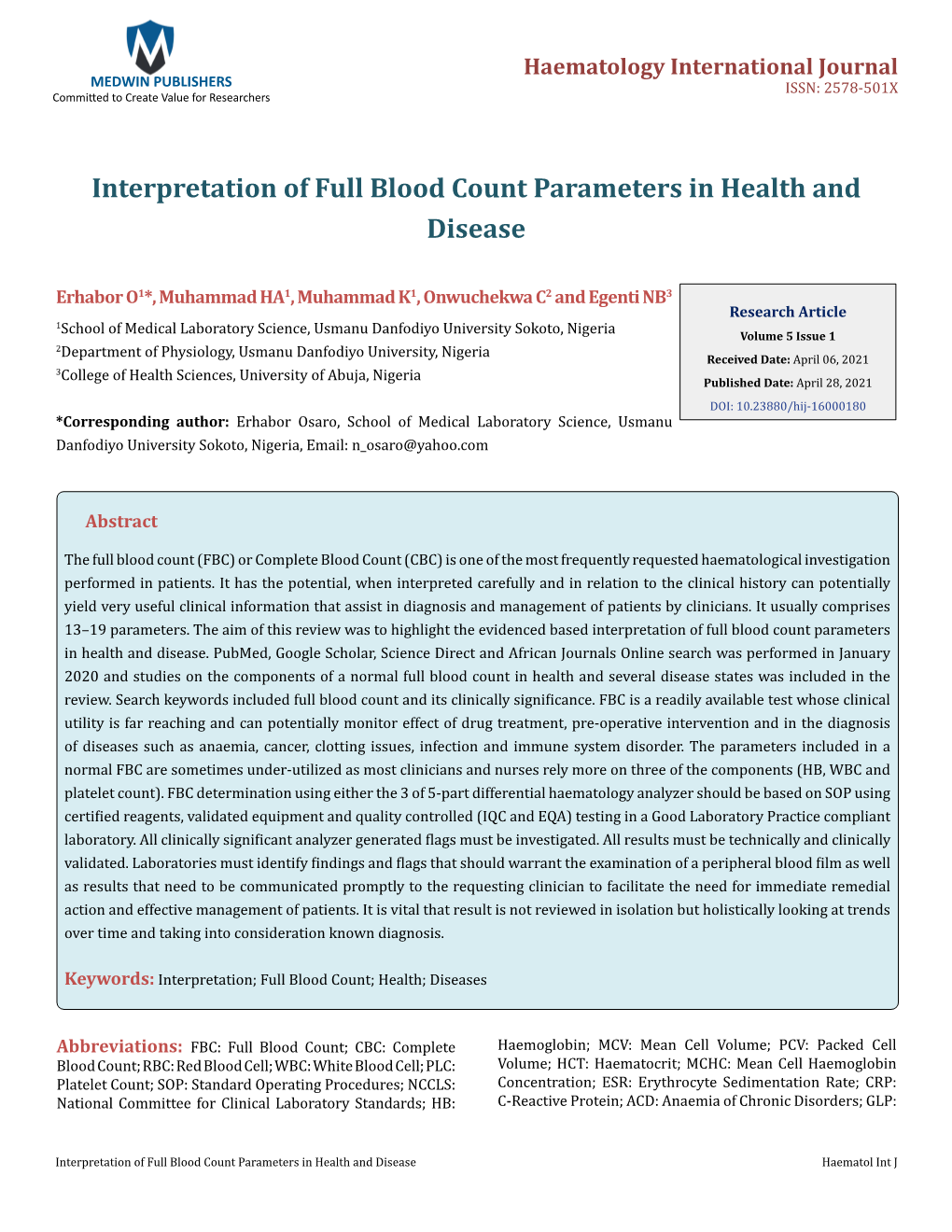 Interpretation of Full Blood Count Parameters in Health and Disease