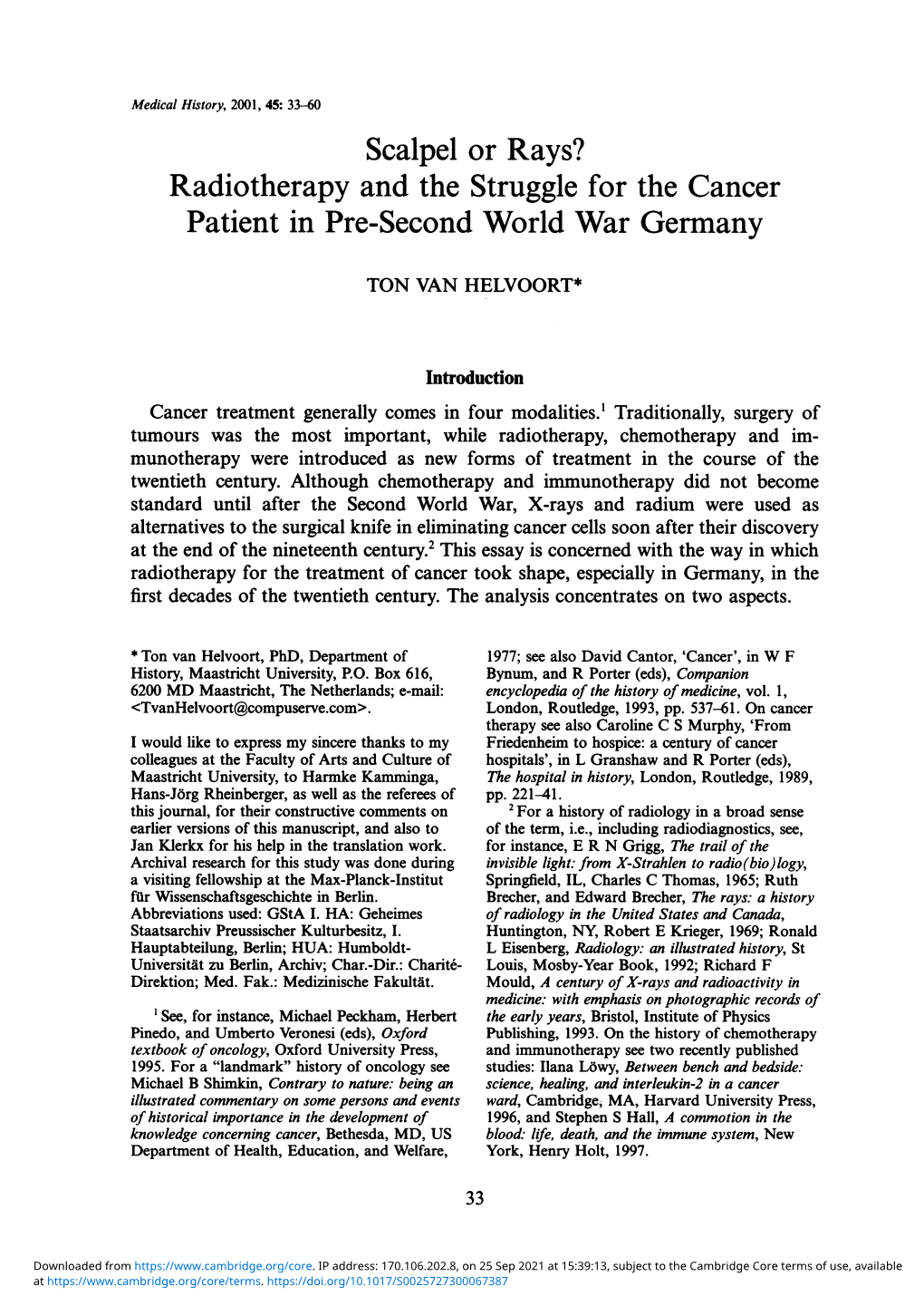 Scalpel Or Rays? Radiotherapy and the Struggle for the Cancer Patient in Pre-Second World War Germany