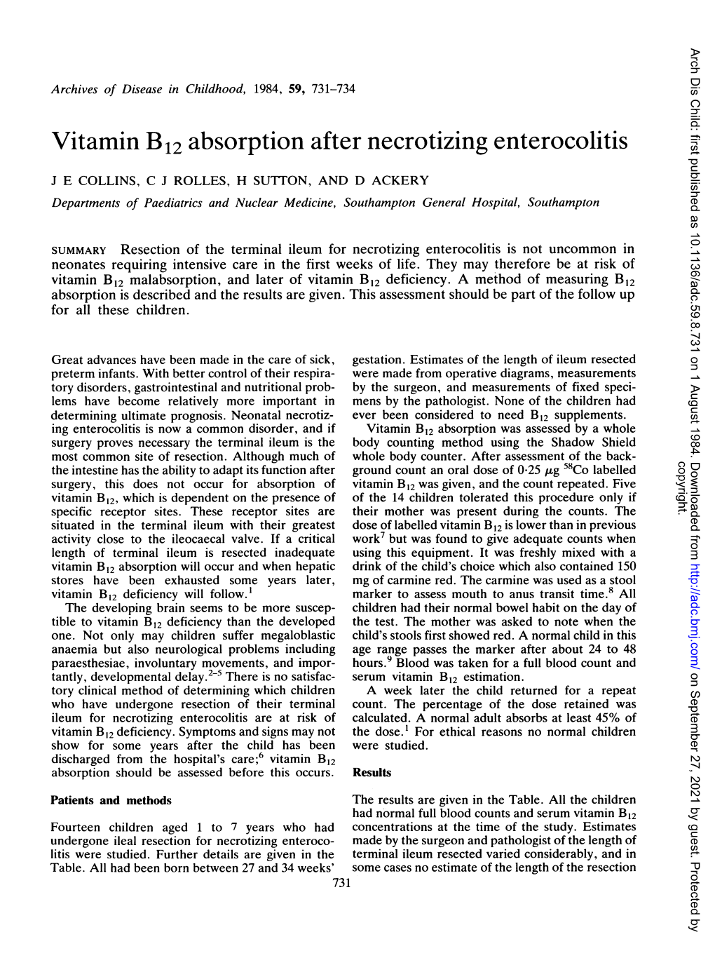 Vitamin B12 Absorption After Necrotizing Enterocolitis