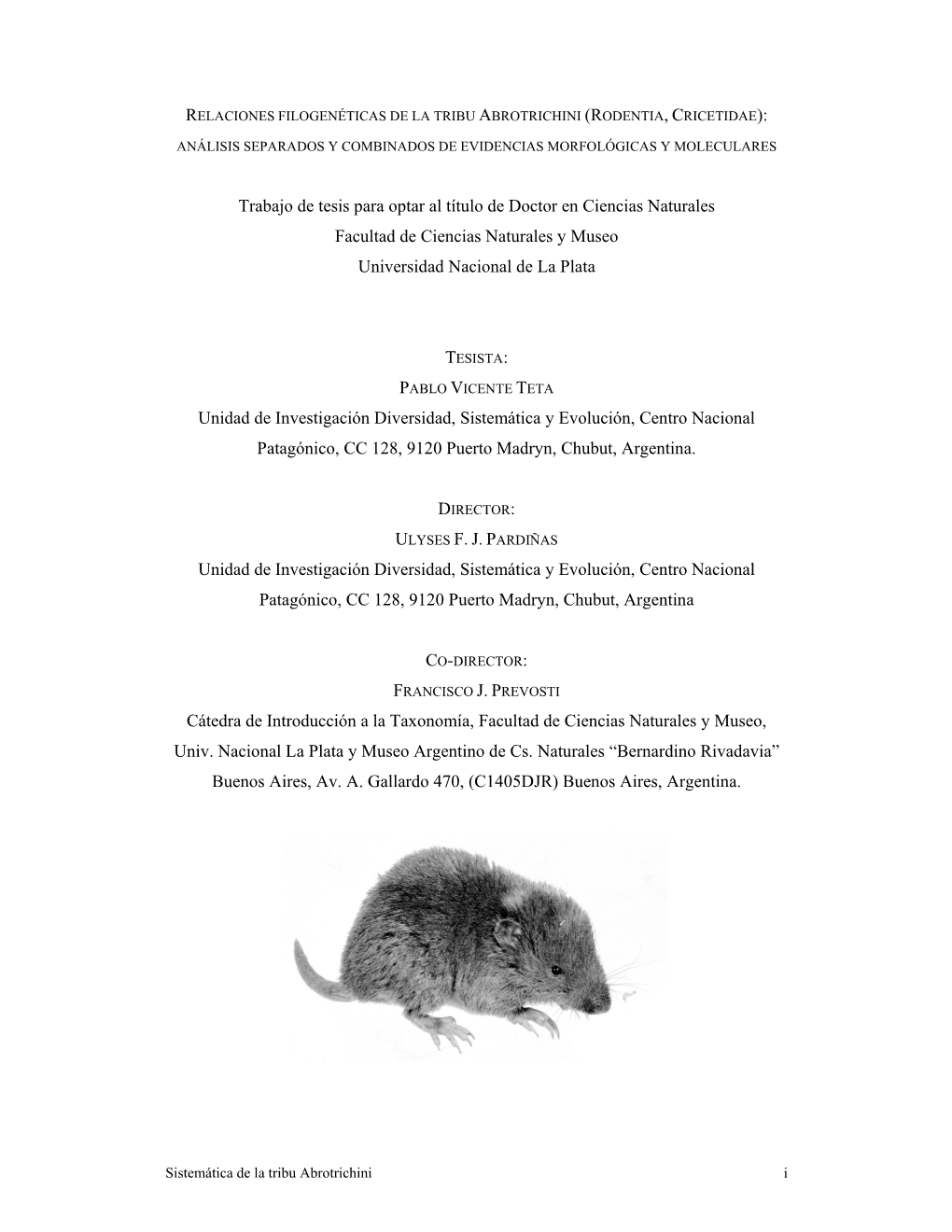 Relaciones Filogenéticas De La Tribu Abrotrichini (Rodentia, Cricetidae)