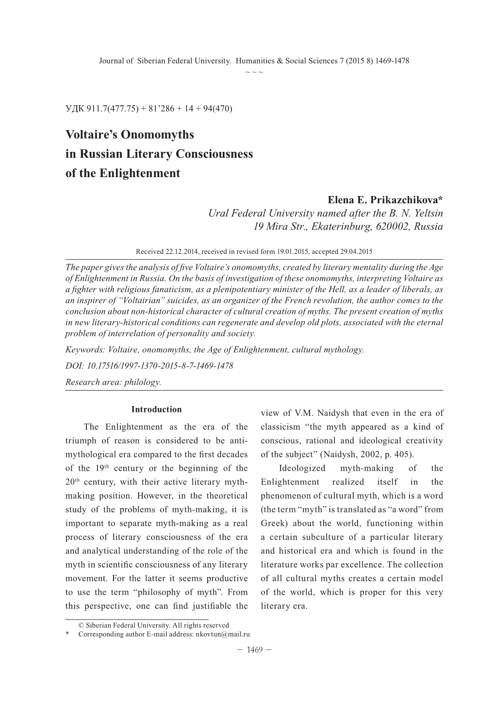 Voltaire's Onomomyths in Russian Literary Consciousness of The