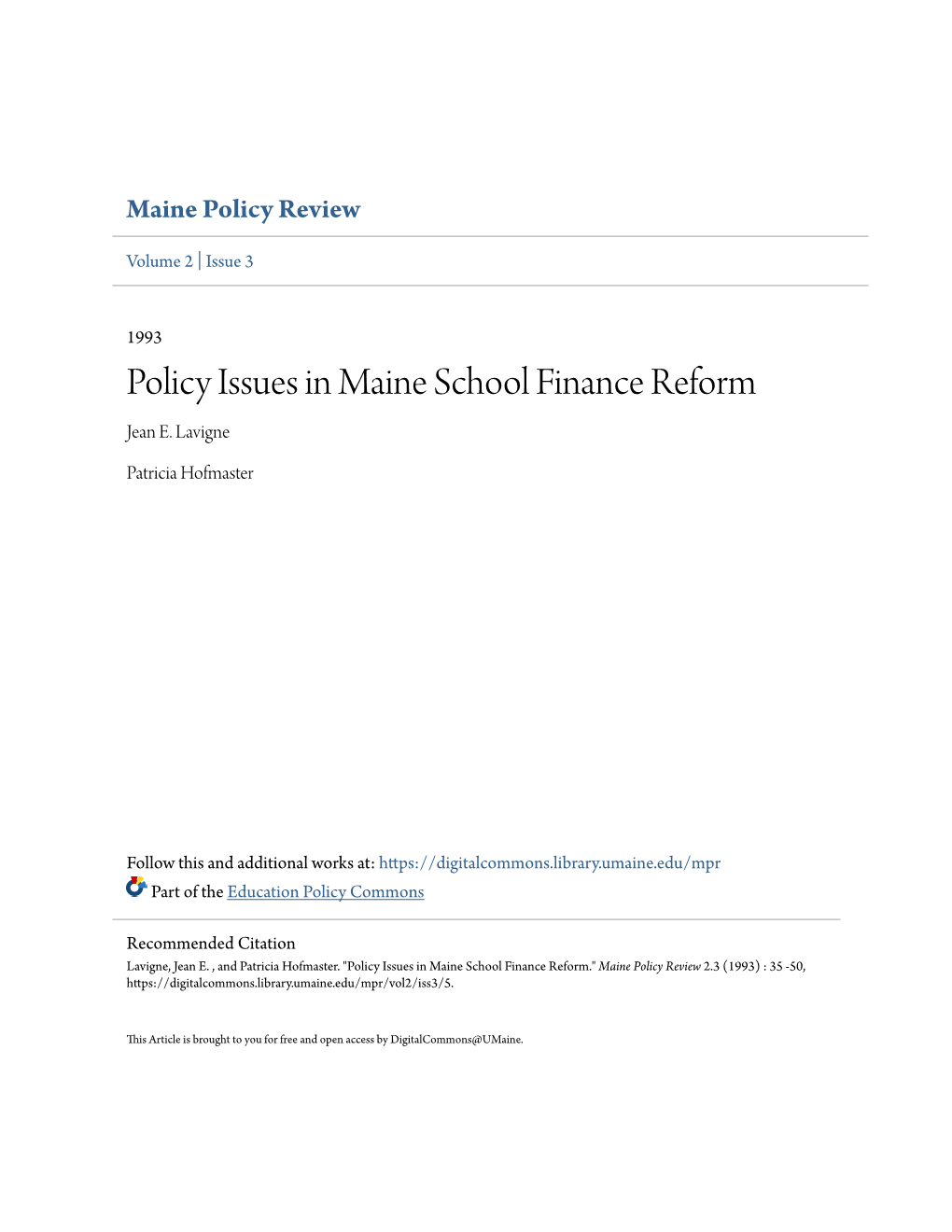 Policy Issues in Maine School Finance Reform Jean E