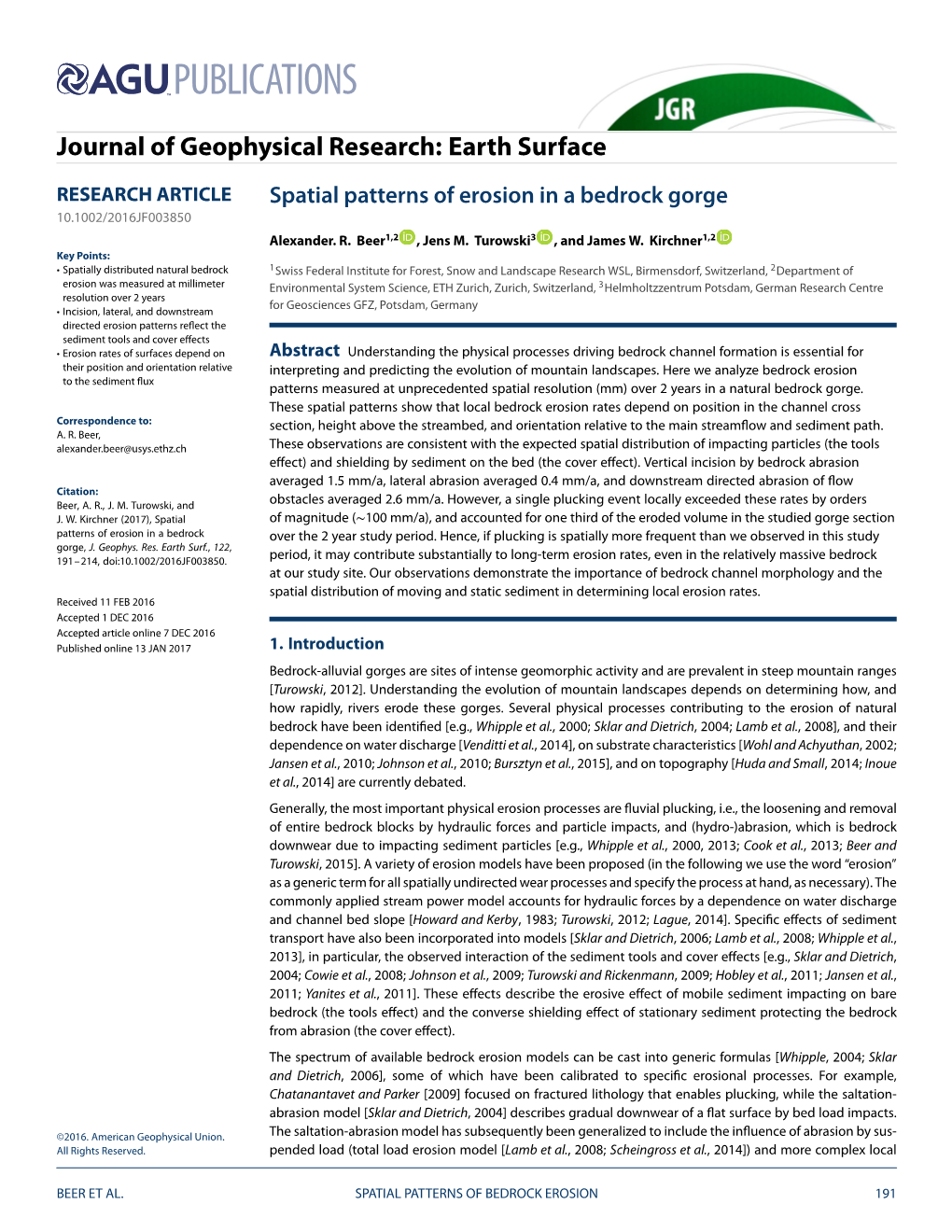 Spatial Patterns of Erosion in a Bedrock Gorge 10.1002/2016JF003850 Alexander