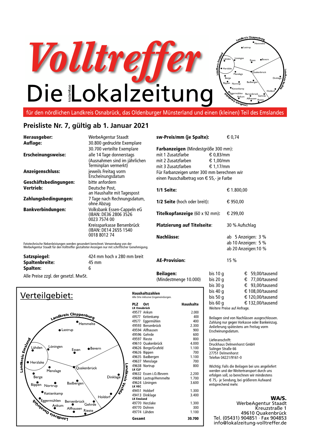 Die Lokalzeitung Rieste Für Den Nördlichen Landkreis Osnabrück, Das Oldenburger Münsterland Und Einen (Kleinen) Teil Des Emslandes Preisliste Nr