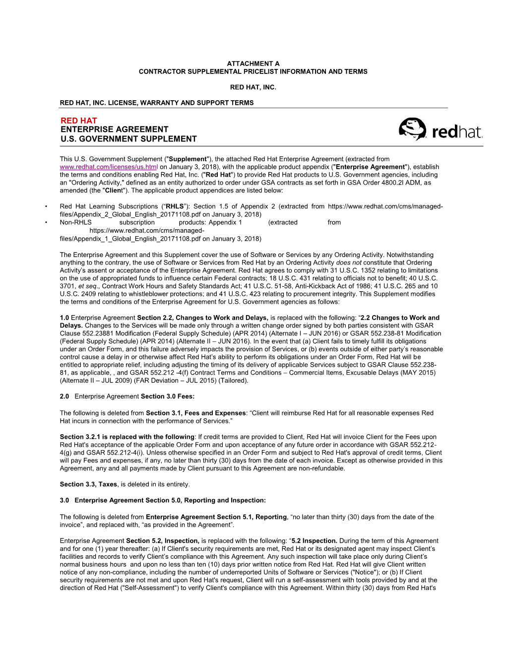 Red Hat Enterprise Agreement U.S. Government Supplement