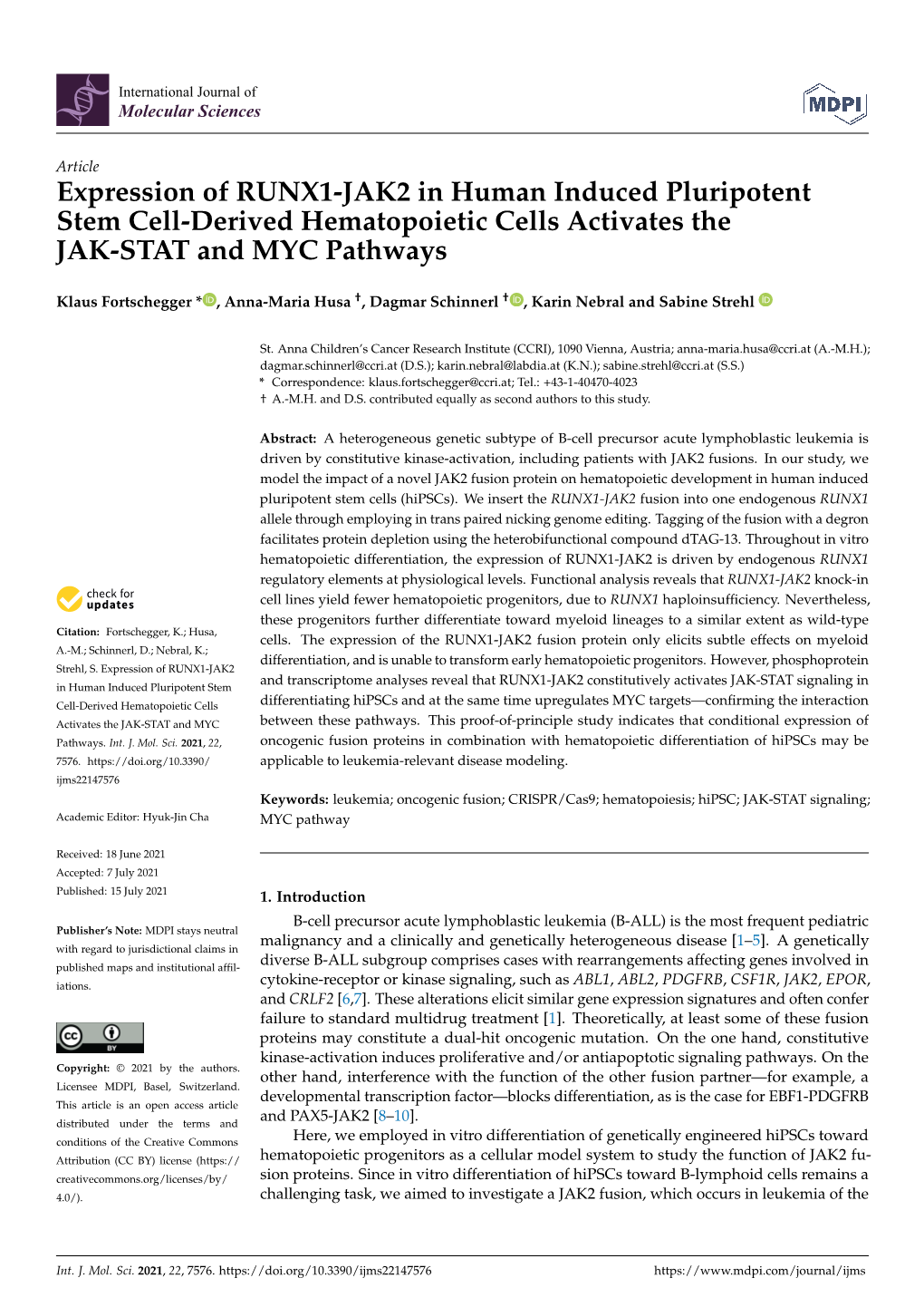 Expression of RUNX1-JAK2 in Human Induced Pluripotent Stem Cell-Derived Hematopoietic Cells Activates the JAK-STAT and MYC Pathways