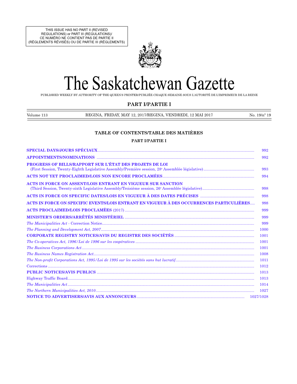 Gazette Part I, May 12, 2017