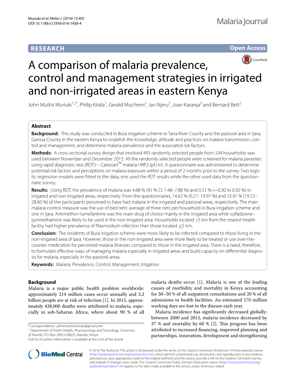 A Comparison of Malaria Prevalence, Control and Management Strategies