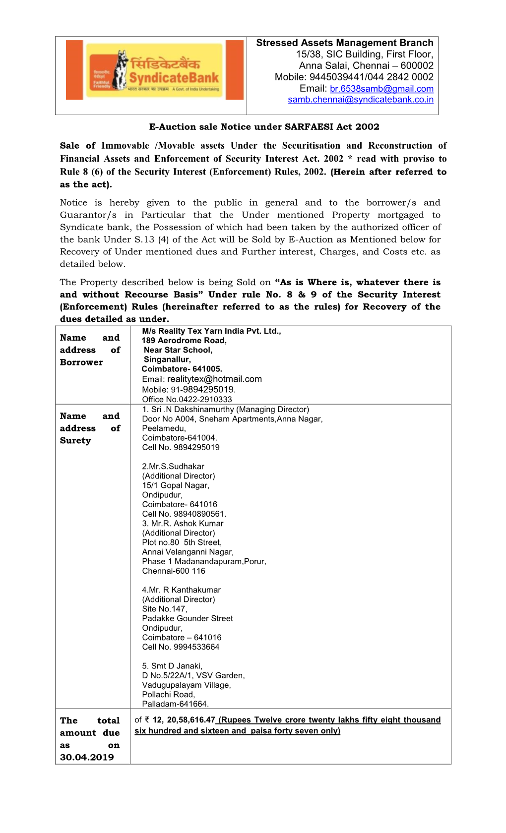 Sale of Immovable /Movable Assets Under the Securitisation and Reconstruction of Financial Assets and Enforcement of Security Interest Act