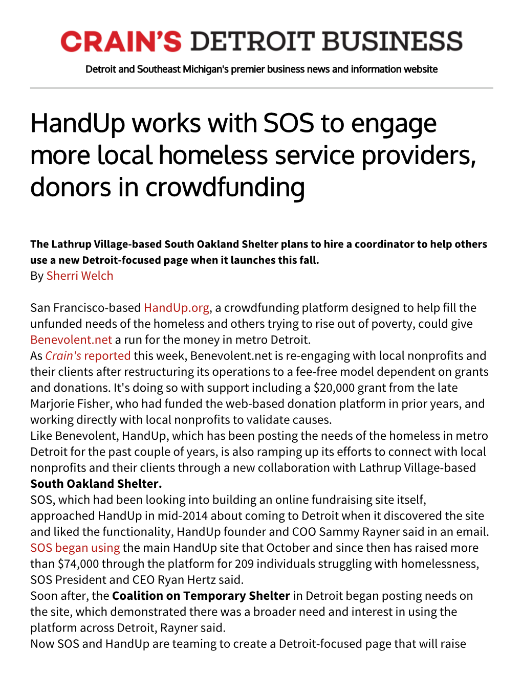 Handup Works with SOS to Engage More Local Homeless Service Providers, Donors in Crowdfunding