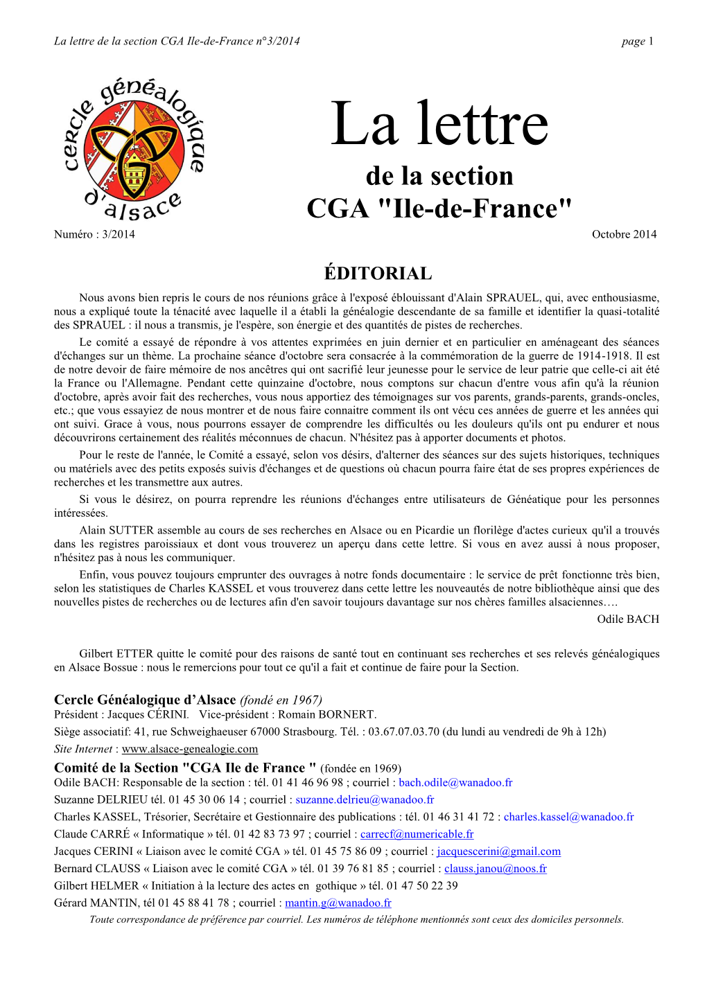 La Lettre De La Section CGA Ile-De-France N°3/2014 Page 1