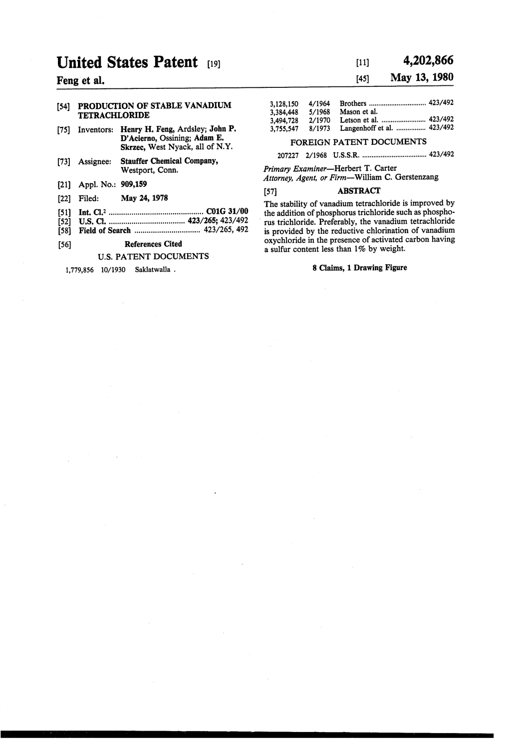 United States Patent (19) 11) 4,202,866 Feng Et Al