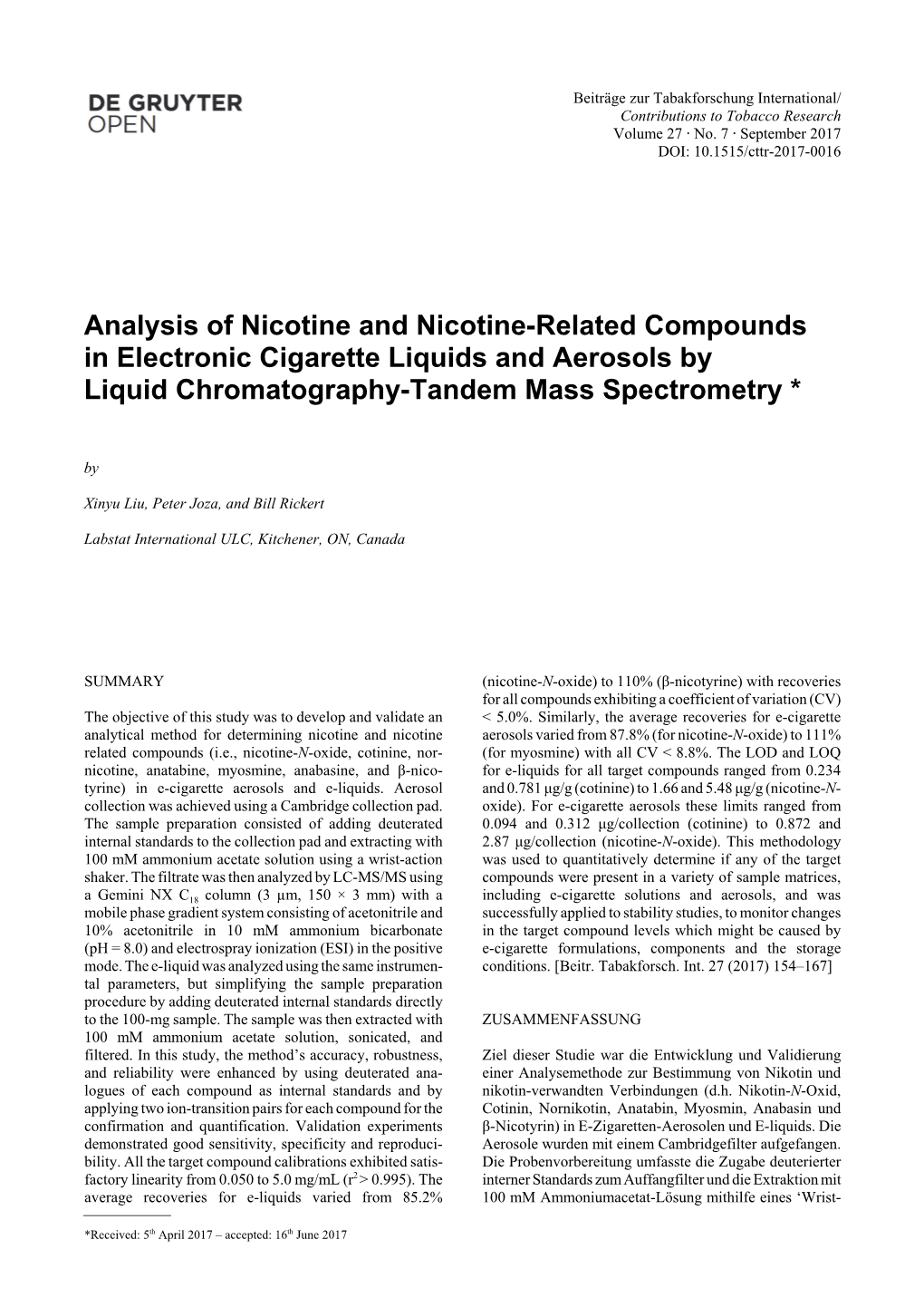 Analysis of Nicotine and Nicotine-Related Compounds in Electronic Cigarette Liquids and Aerosols by Liquid Chromatography-Tandem Mass Spectrometry *