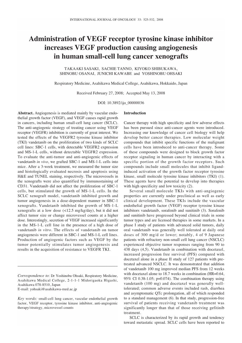 Administration of VEGF Receptor Tyrosine Kinase Inhibitor Increases VEGF Production Causing Angiogenesis in Human Small-Cell Lung Cancer Xenografts