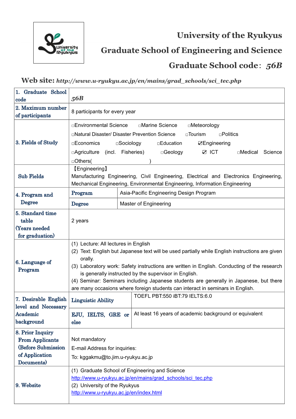 University of the Ryukyus Graduate School of Engineering and Science Graduate School Code： 56B