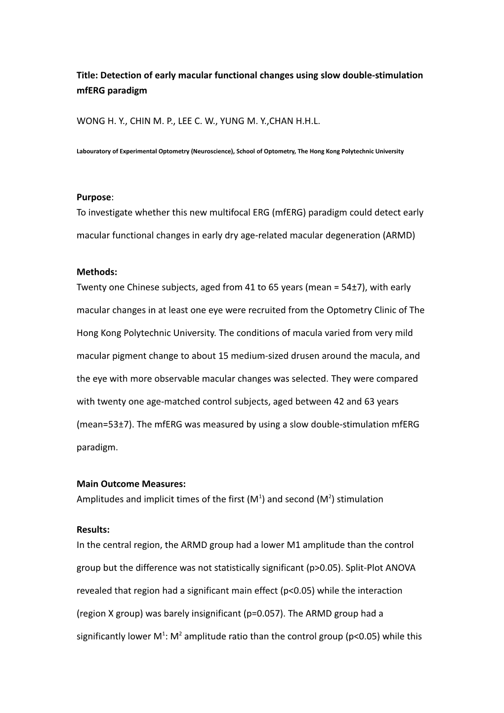 Title: Detection of Early Macular Functional Changes Using Slow Double-Stimulation Mferg