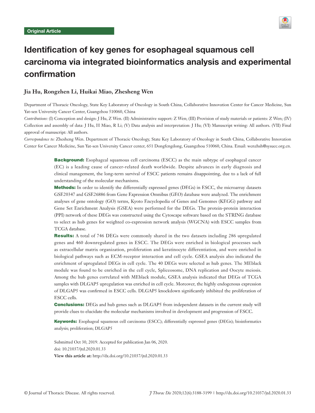 Identification of Key Genes for Esophageal Squamous Cell Carcinoma Via Integrated Bioinformatics Analysis and Experimental Confirmation