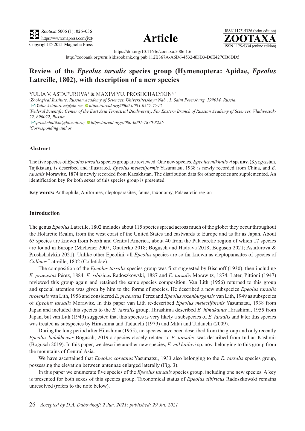 Review of the Epeolus Tarsalis Species Group (Hymenoptera: Apidae, Epeolus Latreille, 1802), with Description of a New Species