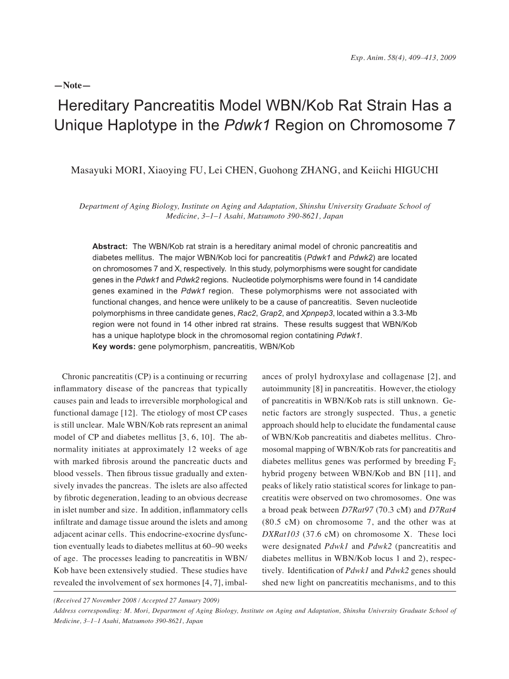 Hereditary Pancreatitis Model WBN/Kob Rat Strain Has a Unique Haplotype in the Pdwk1 Region on Chromosome 7