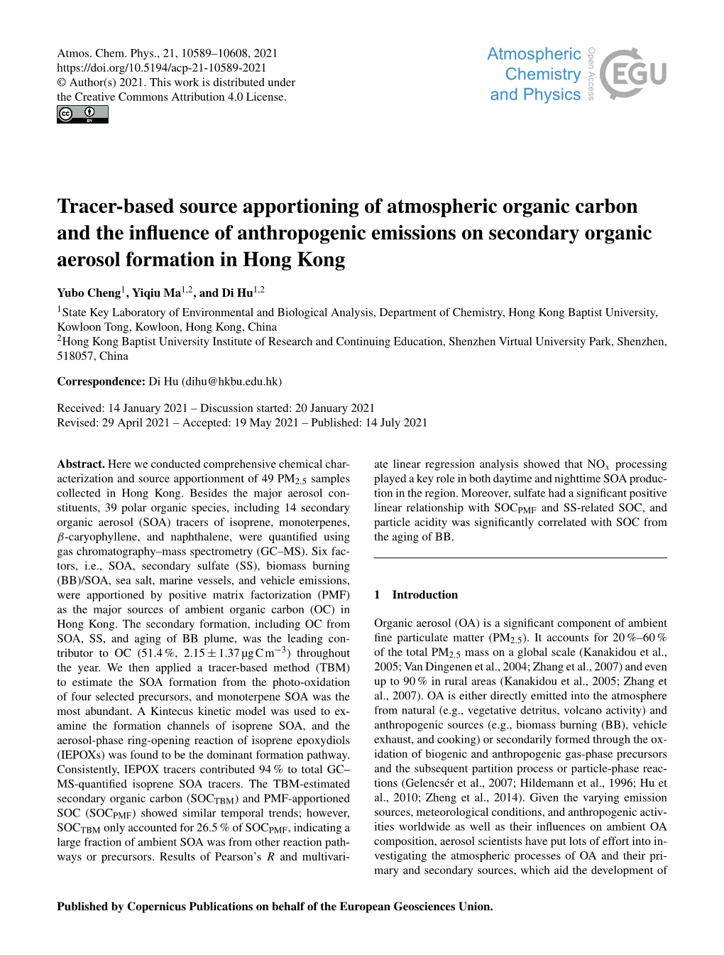 Article Acidity Was Signiﬁcantly Correlated with SOC from Β-Caryophyllene, and Naphthalene, Were Quantiﬁed Using the Aging of BB