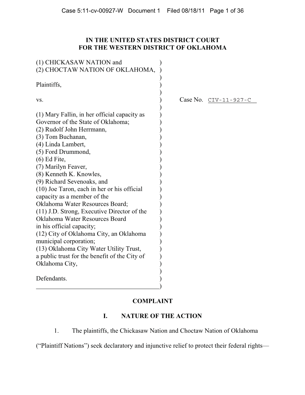 CHICKASAW NATION and ) (2) CHOCTAW NATION of OKLAHOMA, ) ) Plaintiffs, ) ) Vs