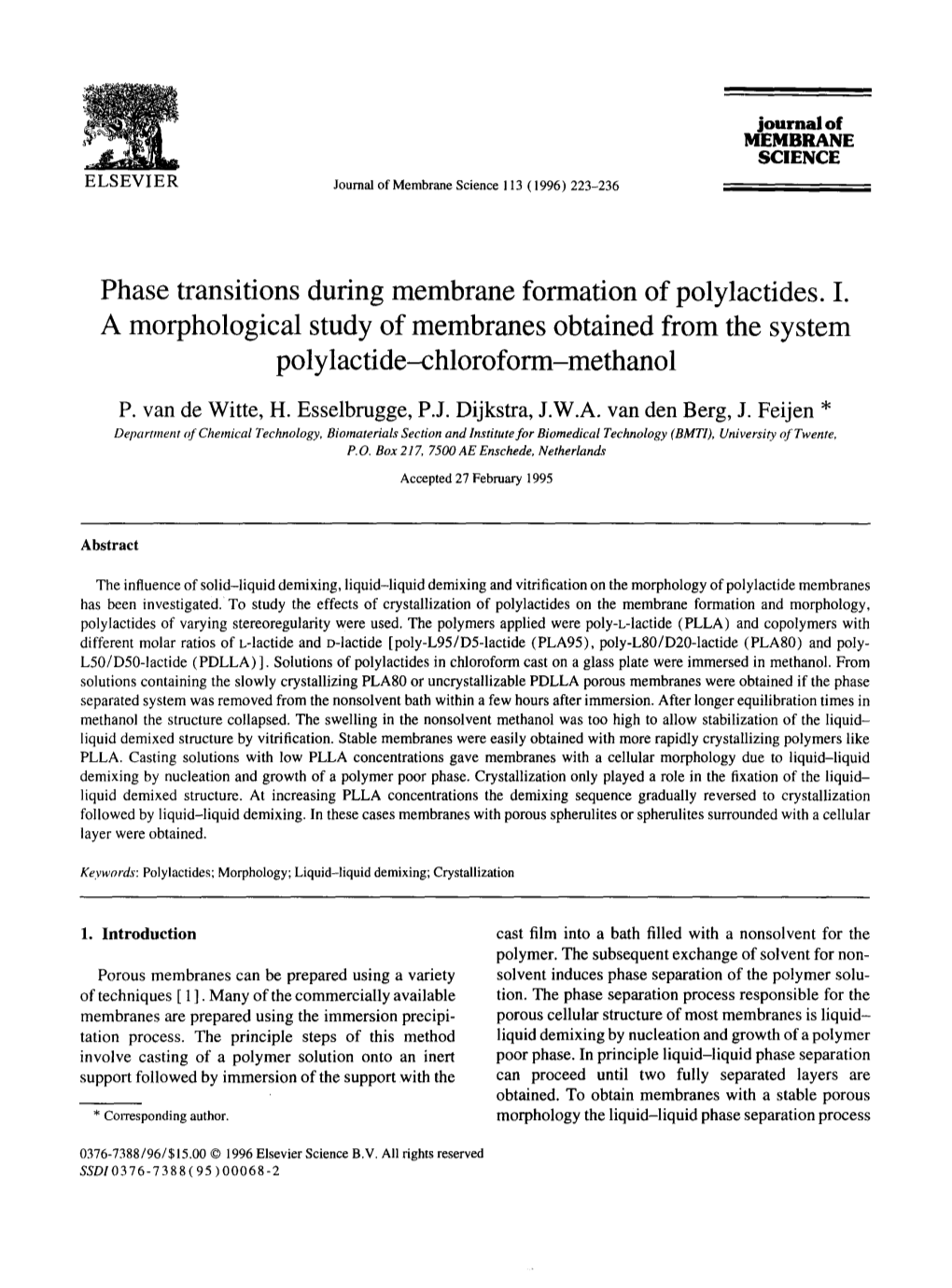 Phase Transitions During Membrane Formation of Polylactides. I. a Morphological Study of Membranes Obtained from the System Polylactide-Chloroform-Methanol