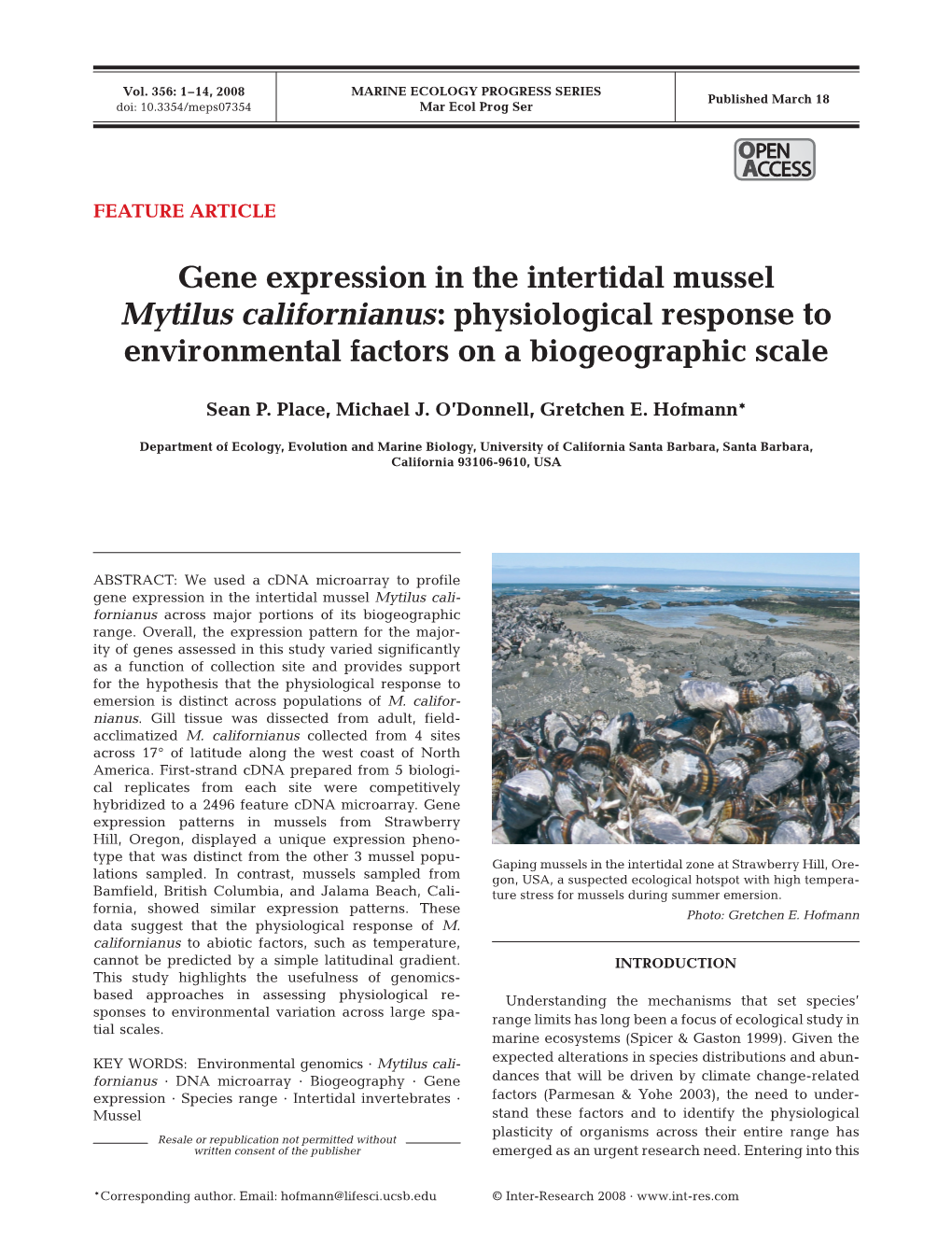 Gene Expression in the Intertidal Mussel Mytilus Californianus: Physiological Response to Environmental Factors on a Biogeographic Scale