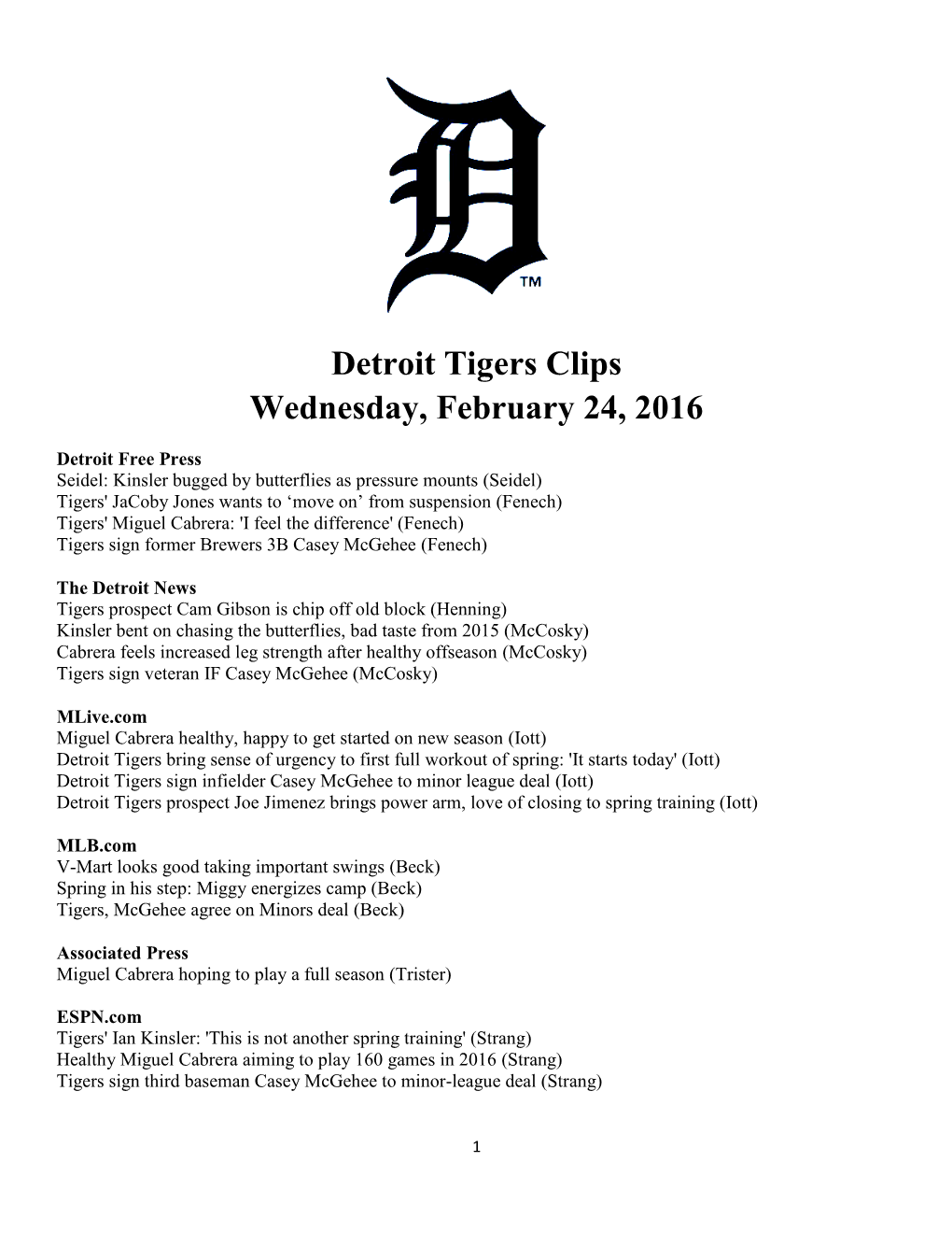 Detroit Tigers Clips Wednesday, February 24, 2016