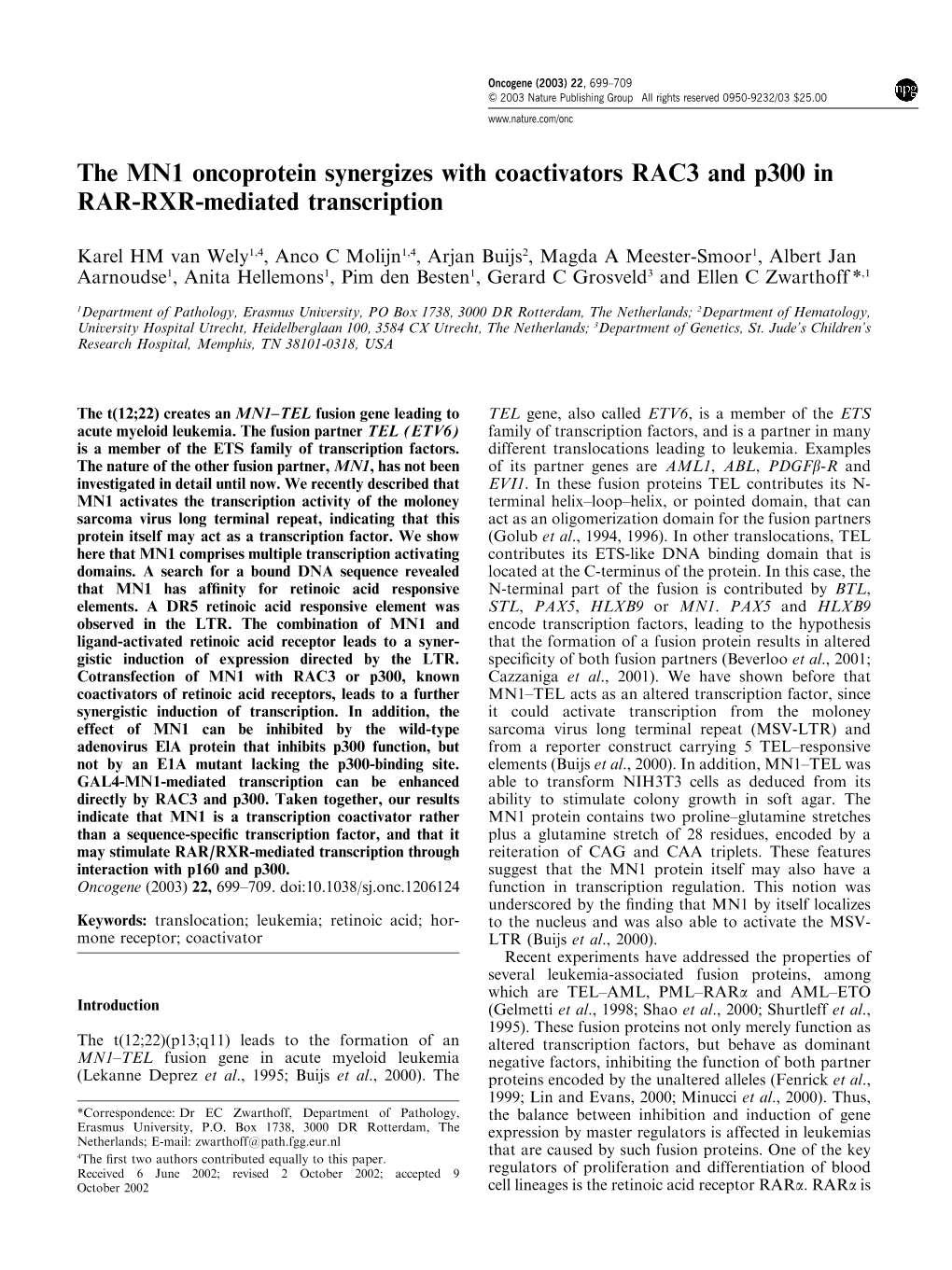 The MN1 Oncoprotein Synergizes with Coactivators RAC3 and P300 in RAR-RXR-Mediated Transcription