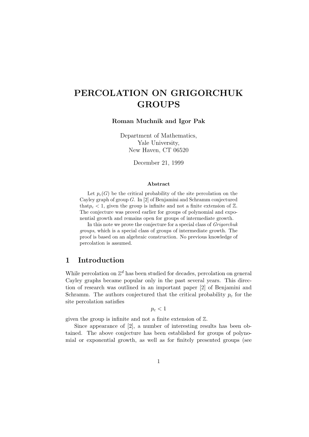 Percolation on Grigorchuk Groups