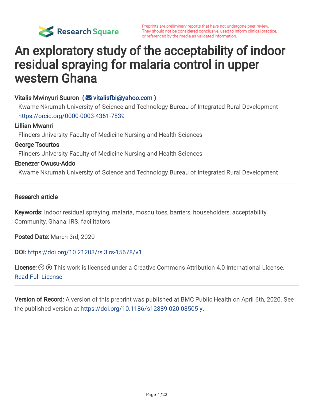 An Exploratory Study of the Acceptability of Indoor Residual Spraying for Malaria Control in Upper Western Ghana