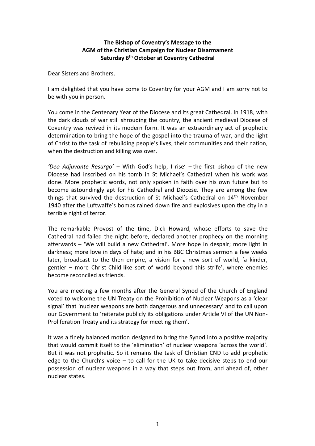 The Bishop of Coventry's Message to the AGM of the Christian Campaign