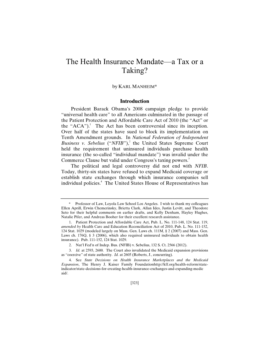 The Health Insurance Mandate—A Tax Or a Taking?