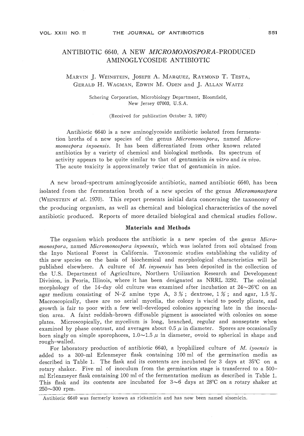 Antibiotic 6640, a New Micromonospora-Producbd Aminoglycoside Antibiotic