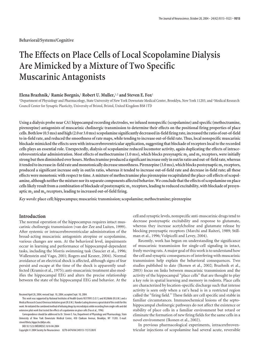 The Effects on Place Cells of Local Scopolamine Dialysis Are Mimicked by a Mixture of Two Specific Muscarinic Antagonists