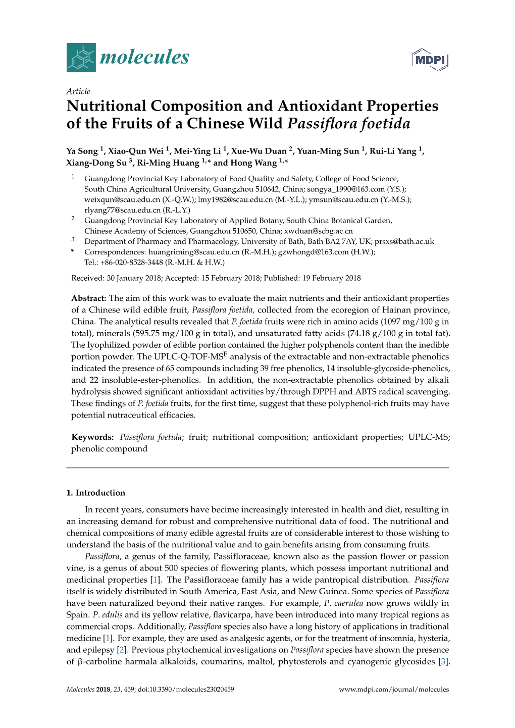 Nutritional Composition and Antioxidant Properties of the Fruits of a Chinese Wild Passiﬂora Foetida