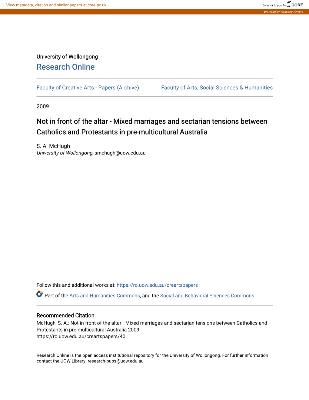 Not in Front of the Altar - Mixed Marriages and Sectarian Tensions Between Catholics and Protestants in Pre-Multicultural Australia