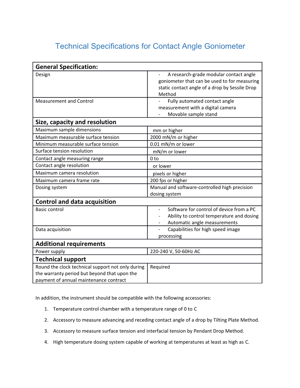 Technical Specifications for Contact Angle Goniometer