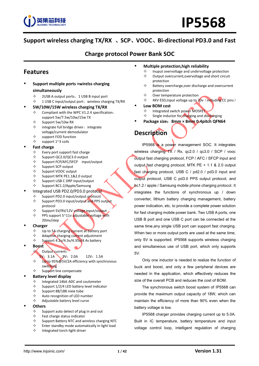 IP5568 Support Wireless Charging TX/RX 、SCP、VOOC、Bi-Directional PD3.0 and Fast